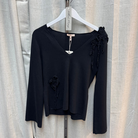 BNWT Black Crochet Appliqué Slim Fit V-Neck Cotton Sweater