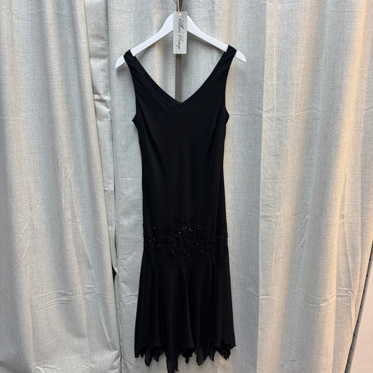 Black V-Neck Flared Hem Beaded Midi Dress