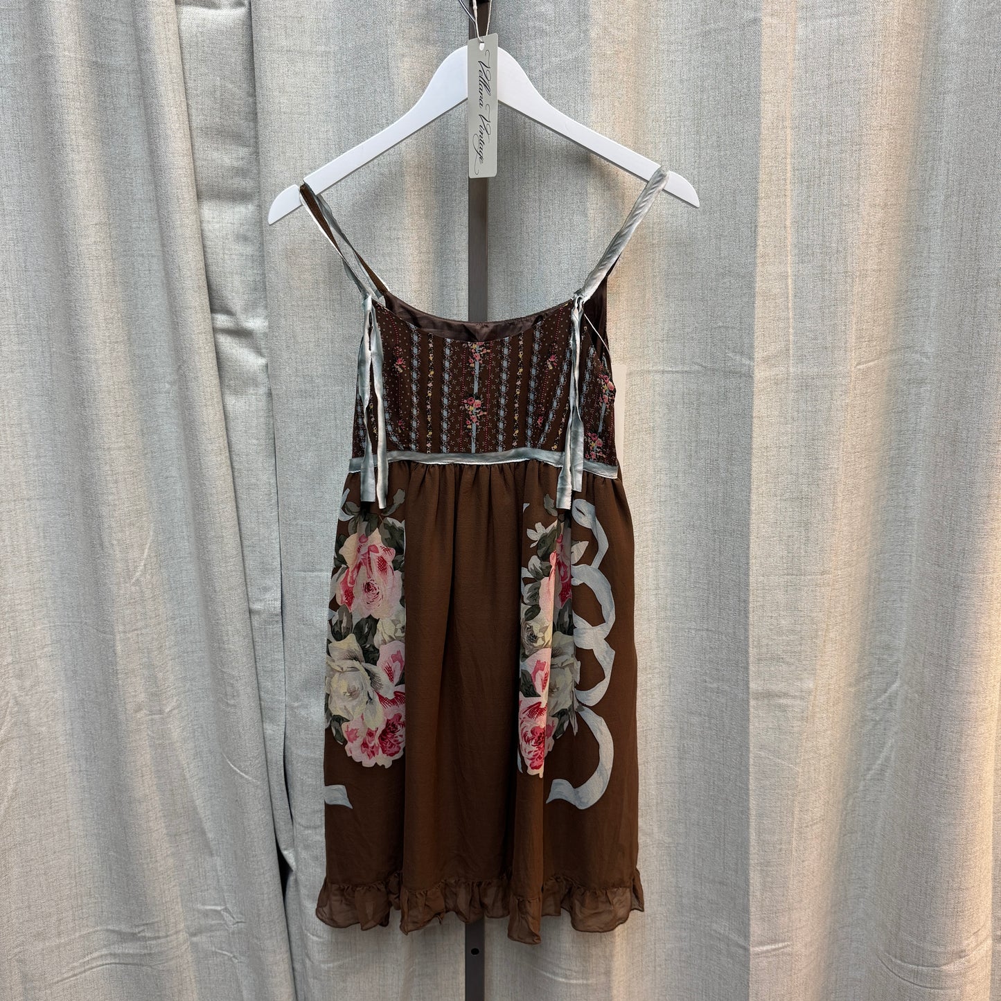 Anna Sui Silk Brown Floral-Patterned Babydoll Mini Dress
