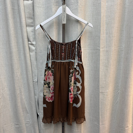 Anna Sui Silk Brown Floral-Patterned Babydoll Mini Dress
