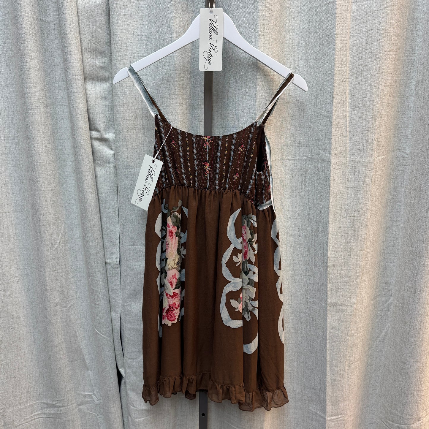 Anna Sui Silk Brown Floral-Patterned Babydoll Mini Dress