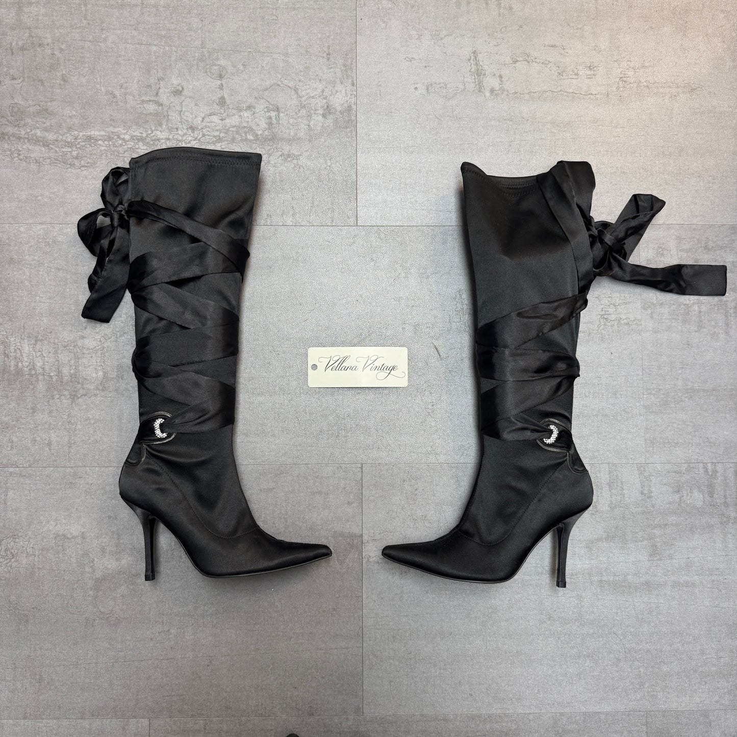 Black Satin Ribbon Lace Up Knee High Stiletto Boots