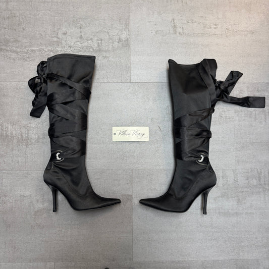 Black Satin Ribbon Lace Up Knee High Stiletto Boots
