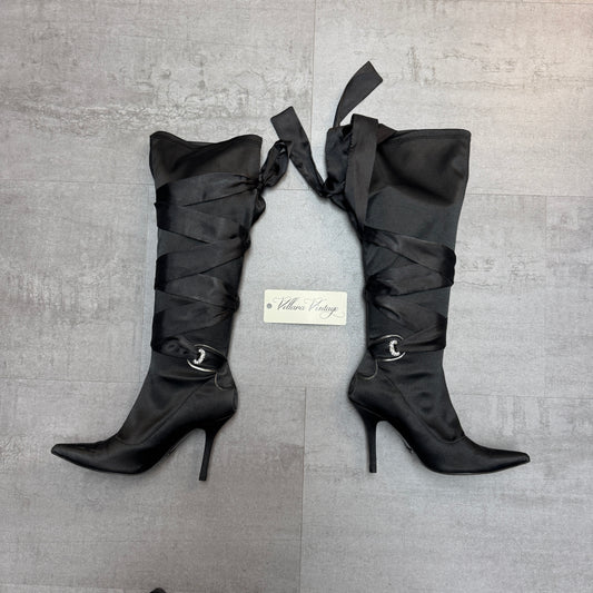 Black Satin Ribbon Lace Up Knee High Stiletto Boots