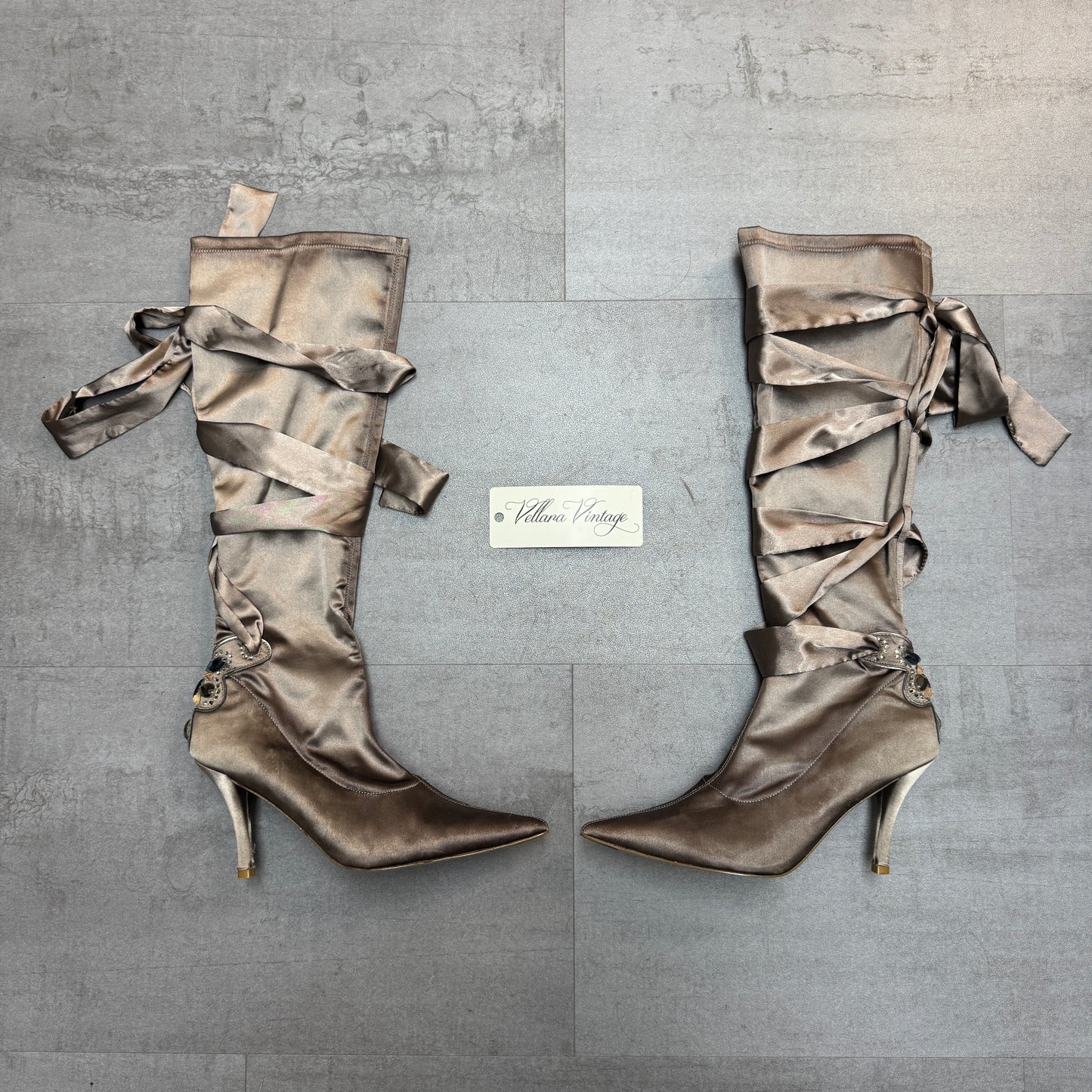 Taupe Satin Ribbon Lace Up Knee High Stiletto Boots