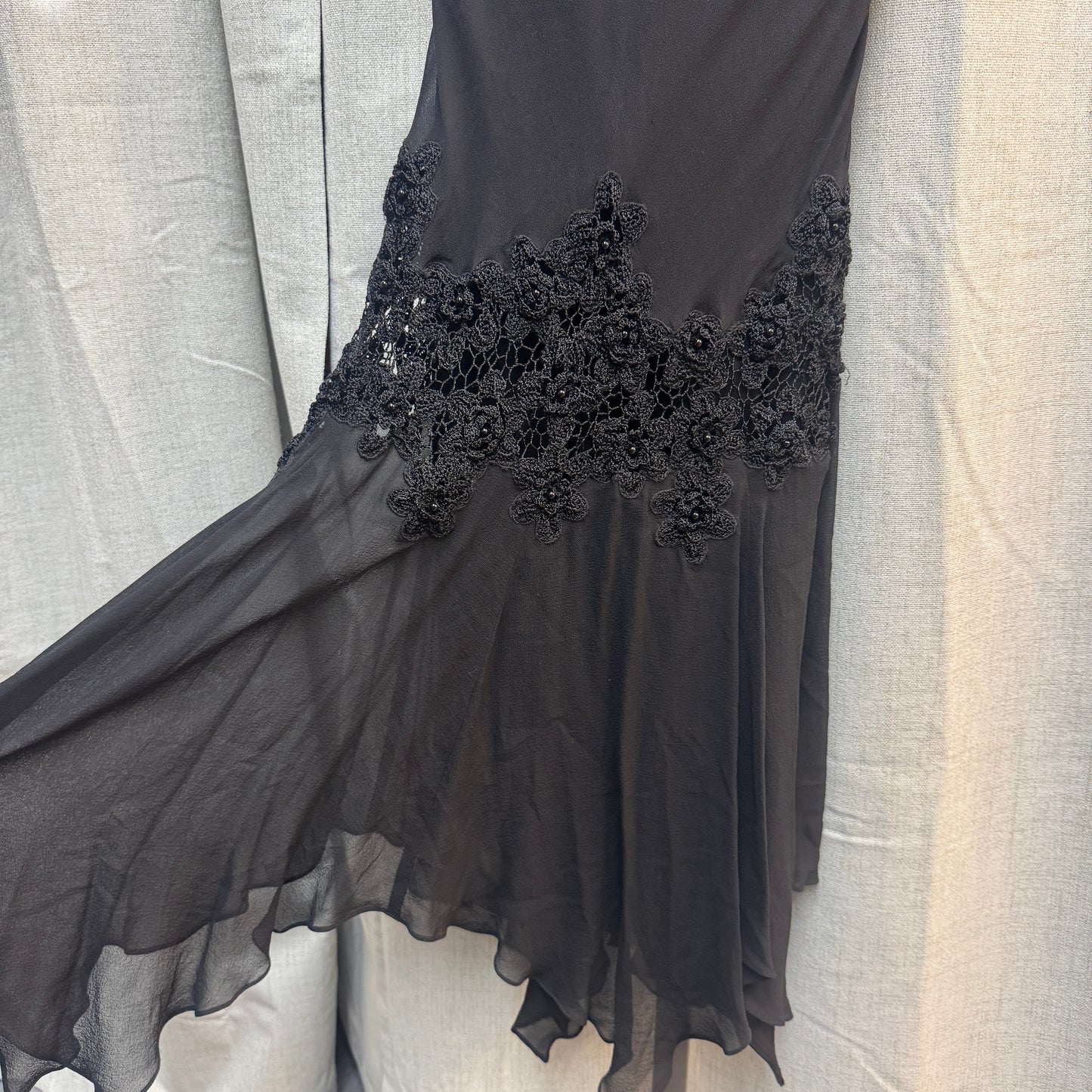 Sue Wong Crochet Floral Embellished Black Midi Dress