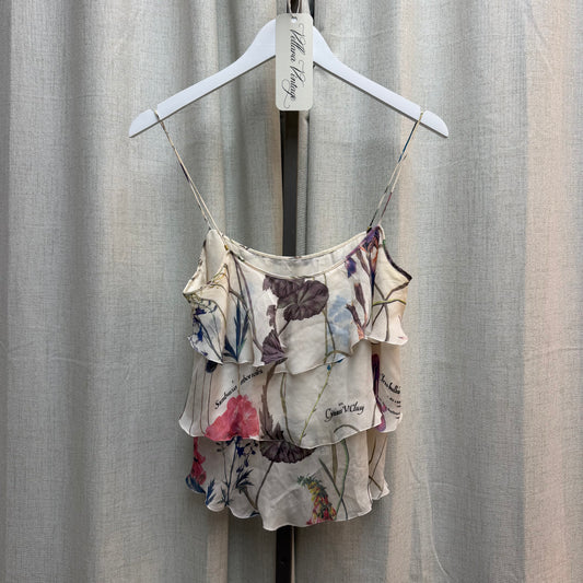 Roberto Cavalli 100% Silk Off White Floral Print Ruffled Top