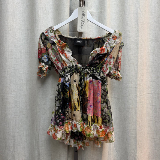D&G S/S 2004 100% Silk Ruffled Multicolor Patchwork Top