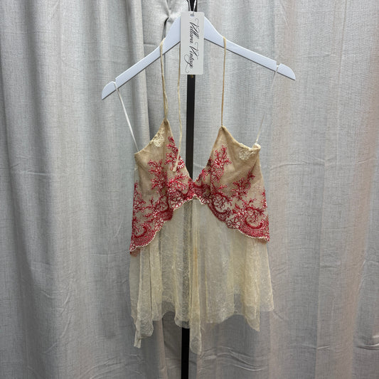 Paola Frani Sheer Red and Beige Floral Lace Embroidered Halter Tank Top