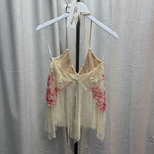 Paola Frani Sheer Red and Beige Floral Lace Embroidered Halter Tank Top