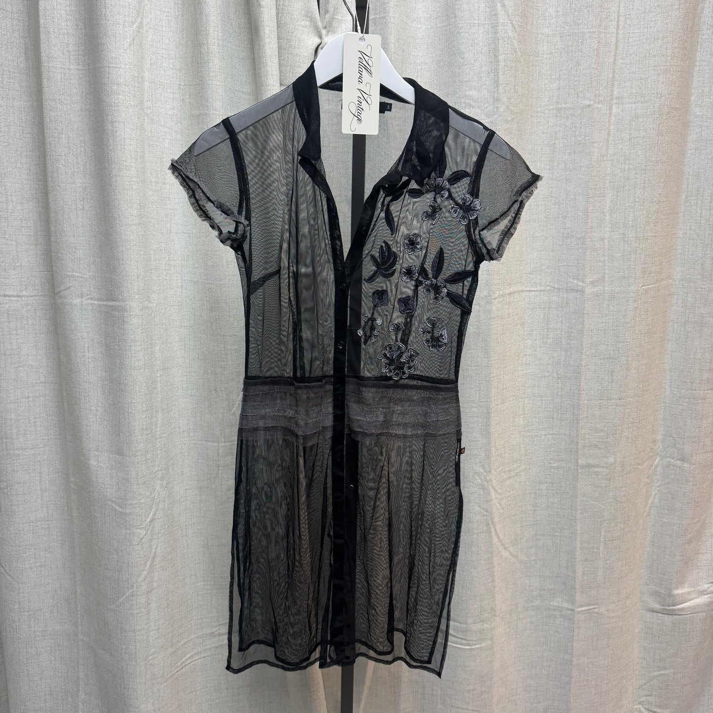 Black Sheer Floral Appliqué Shirt Dress