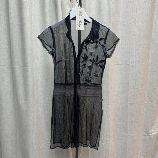 Black Sheer Floral Appliqué Shirt Dress