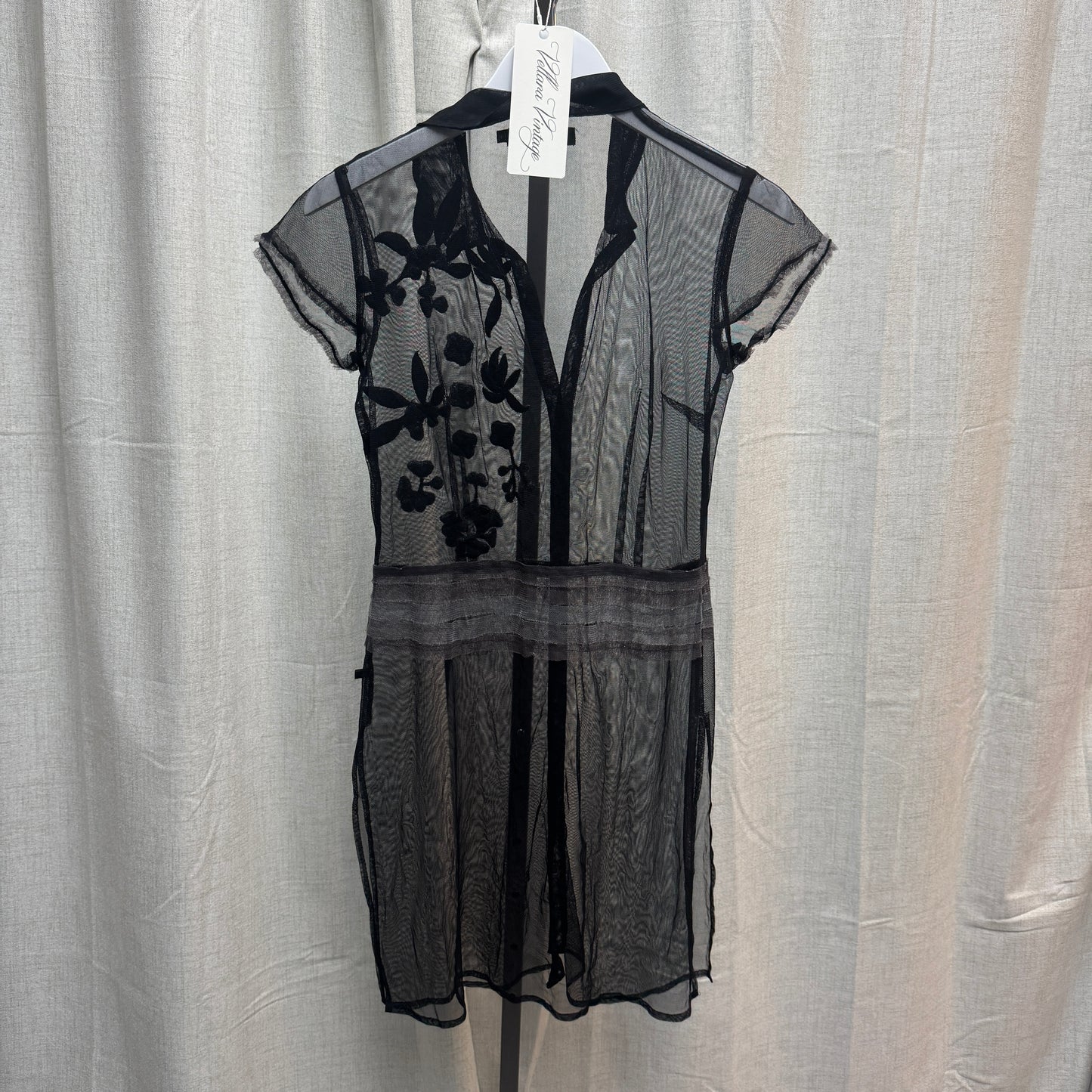Black Sheer Floral Appliqué Shirt Dress