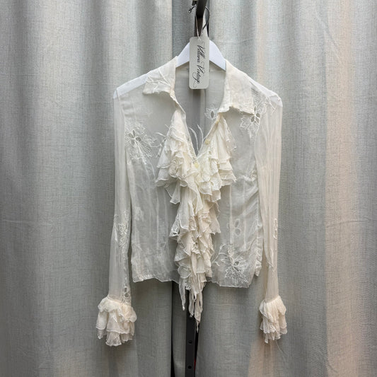 White Sheer Silk Blouse with Ruffles