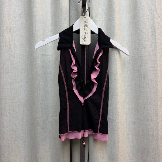 Black & Pink Collared Sleeveless Ruffle Top