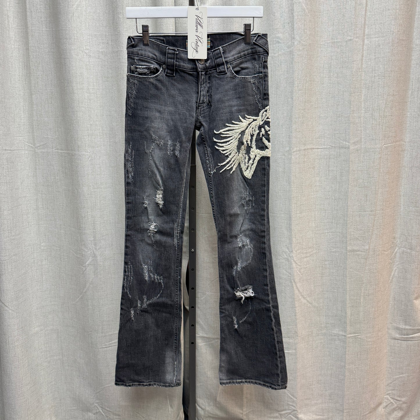 Grey Wash Distressed Horse Embroidered Bootcut Jeans
