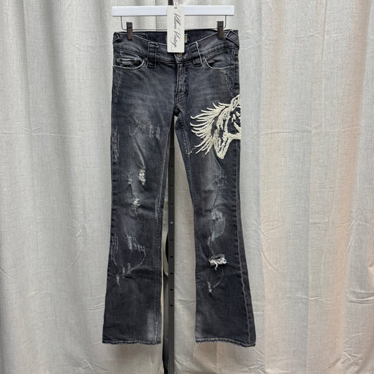 Grey Wash Distressed Horse Embroidered Bootcut Jeans