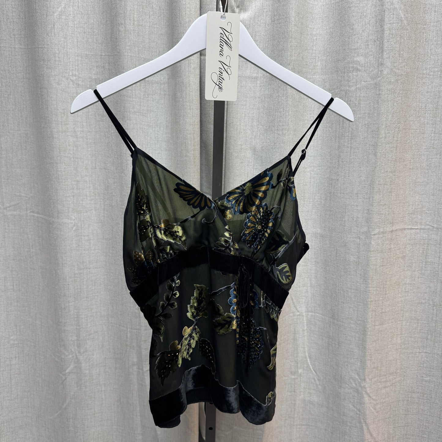 Sheer Green and Black Velvet Floral Cami Top