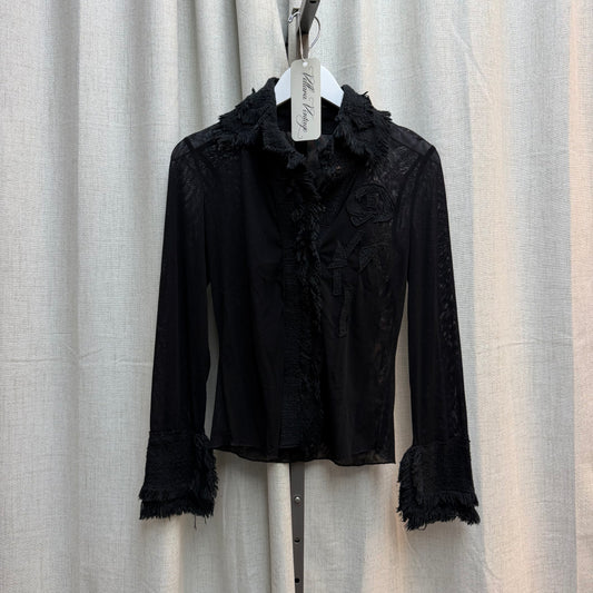Black Mesh Long Sleeve with Frayed Tweed Collar & Placket