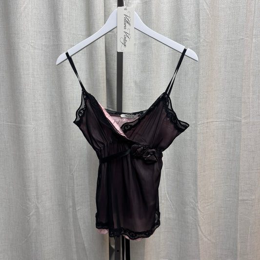 Siste's Sheer Black Lace Trim Babydoll Cami Top