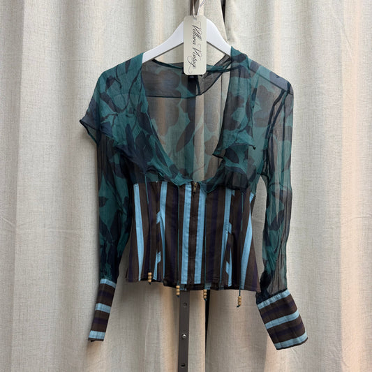 Adolfo Dominguez Teal Multicolored Silk Boned Corset Long Sleeve Top
