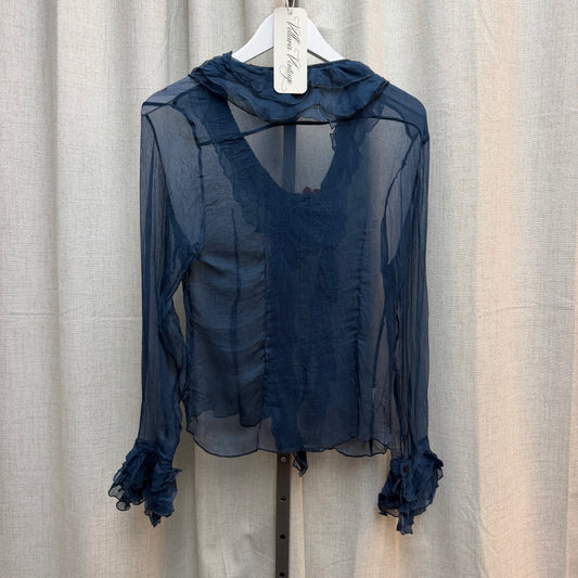 Blue 100% Silk Sheer Ruffled Long Sleeve Blouse with Floral Applique