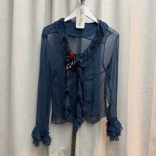 Blue 100% Silk Sheer Ruffled Long Sleeve Blouse with Floral Applique