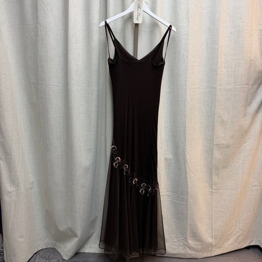 Brown 100% Silk Beaded Maxi Dress