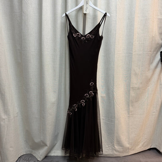Brown 100% Silk Beaded Maxi Dress