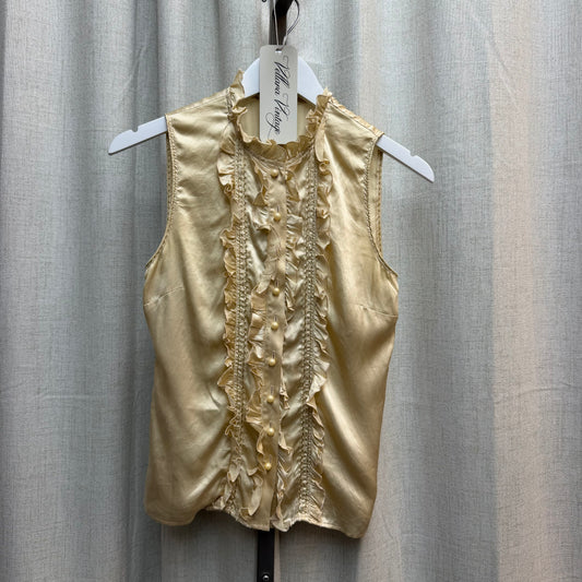 Beige 100% Silk Ruffled Sleeveless Blouse