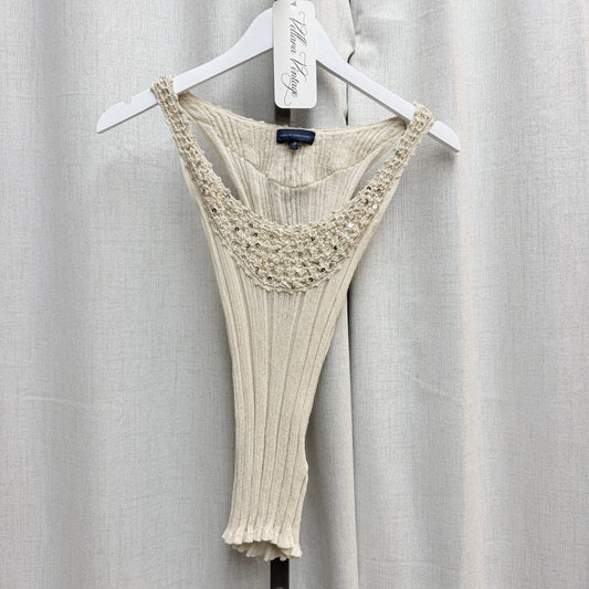 Adolfo Dominguez Cream Knit Tank with Crochet Sequin Neckline
