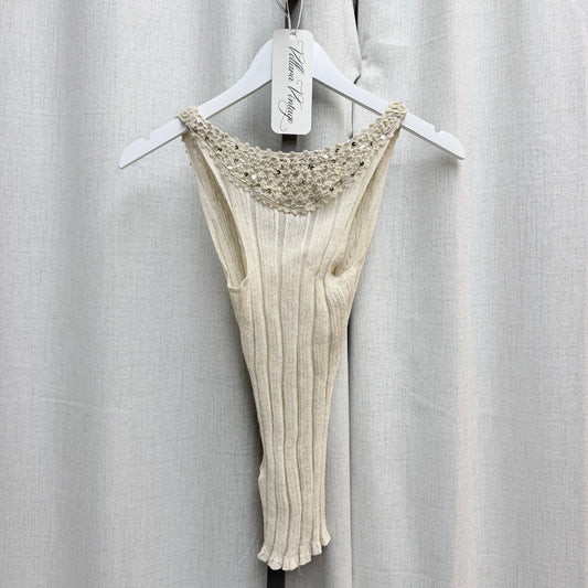 Adolfo Dominguez Cream Knit Tank with Crochet Sequin Neckline