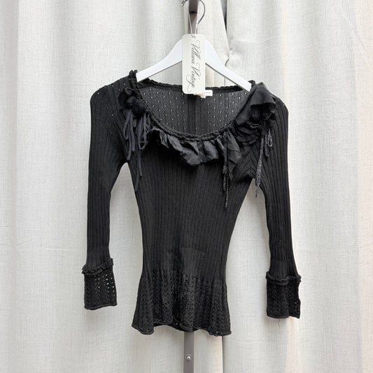 Christian Lacroix Black Scoop Neck Ruffled Long Sleeve Top