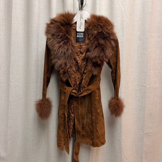 Vero Moda Brown Genuine Leather & Fur Coat