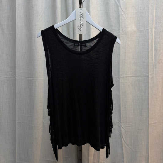 Black Semi-Sheer Sleeveless Top with Side Fringe