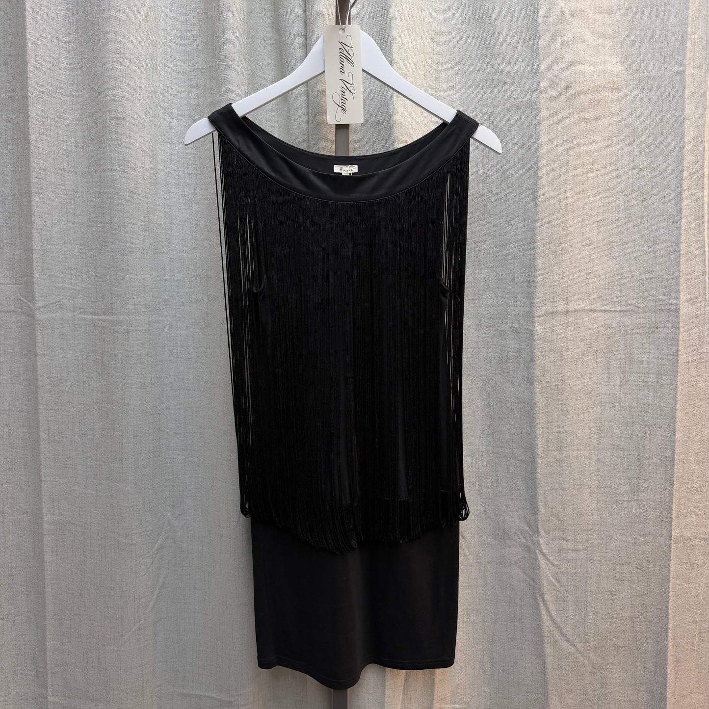 Black Boatneck Fringe Mini Dress