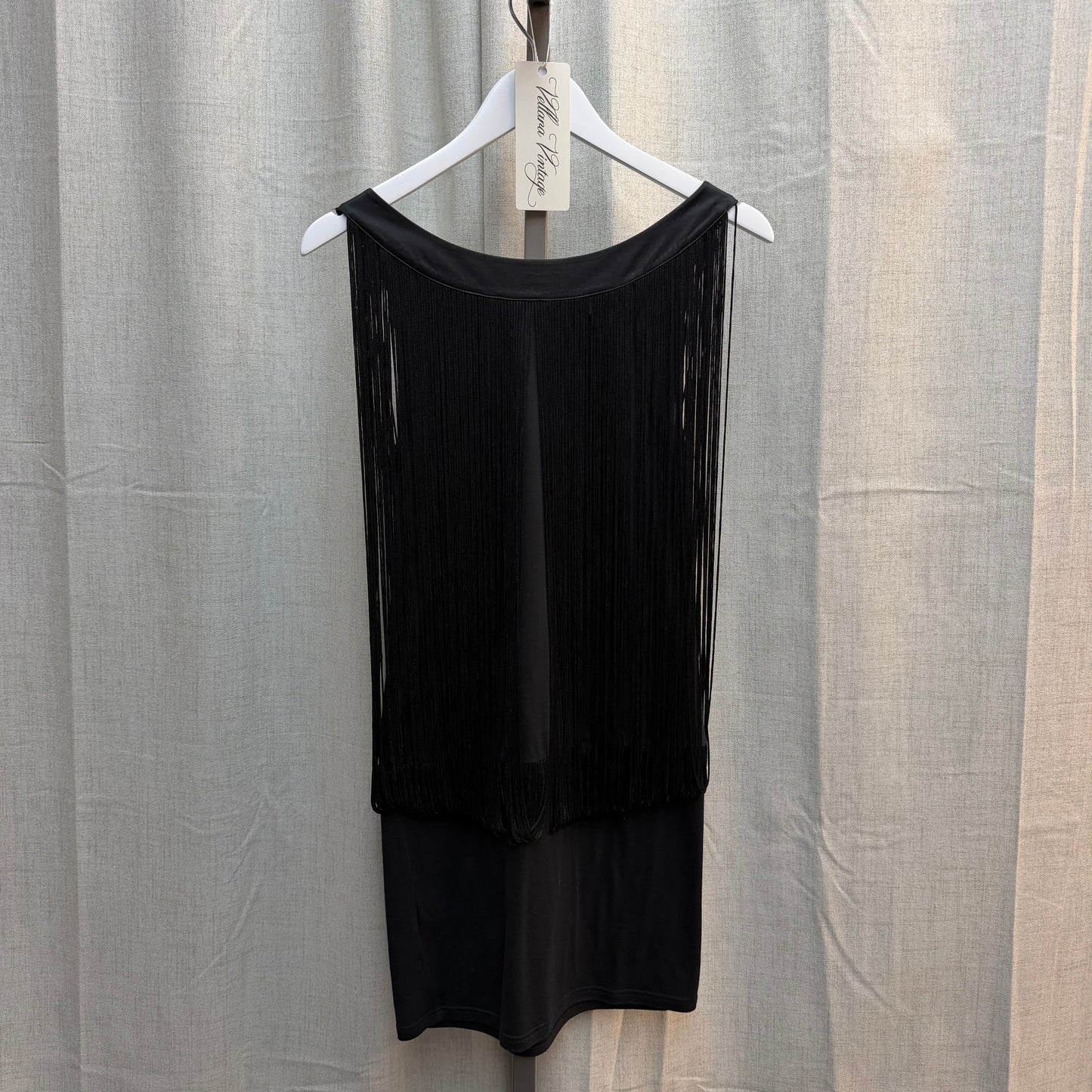 Black Boatneck Fringe Mini Dress