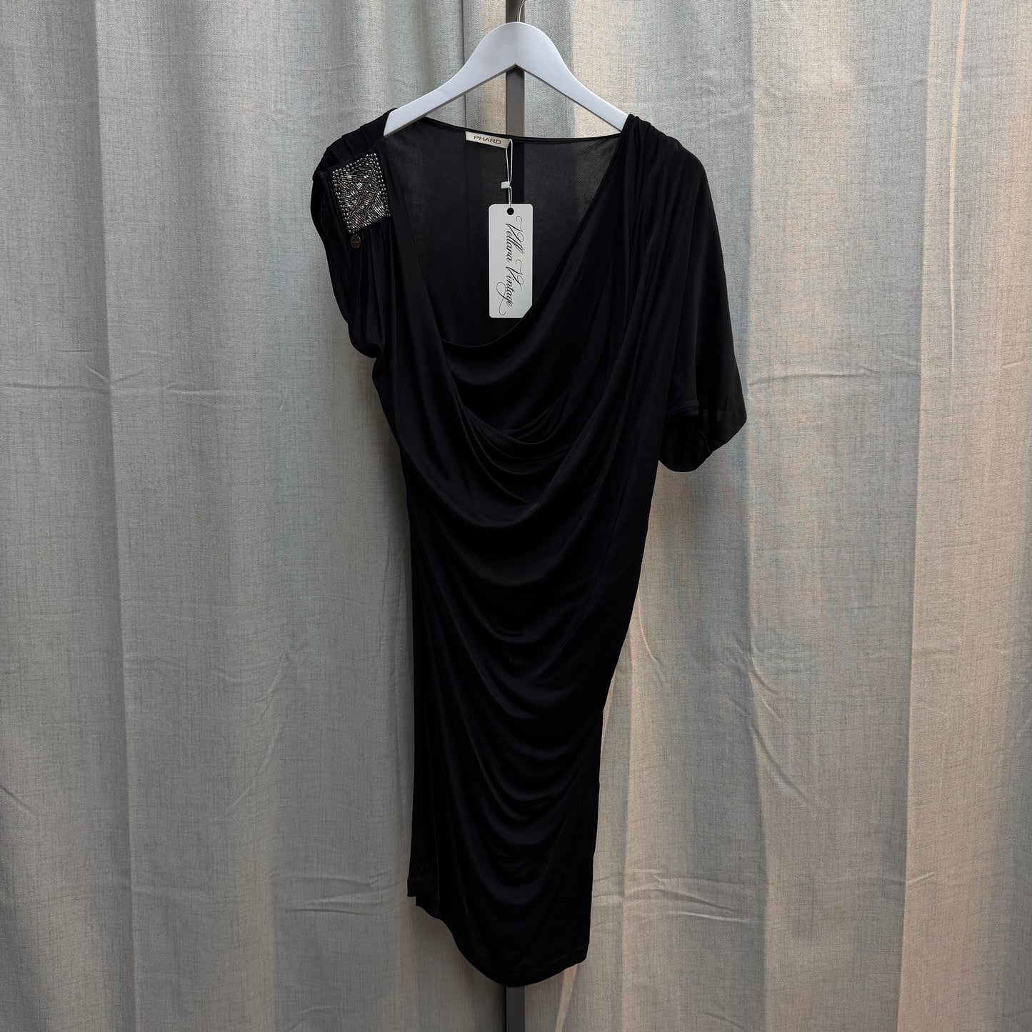 Black Asymmetrical Draped Dress with Beading Detail