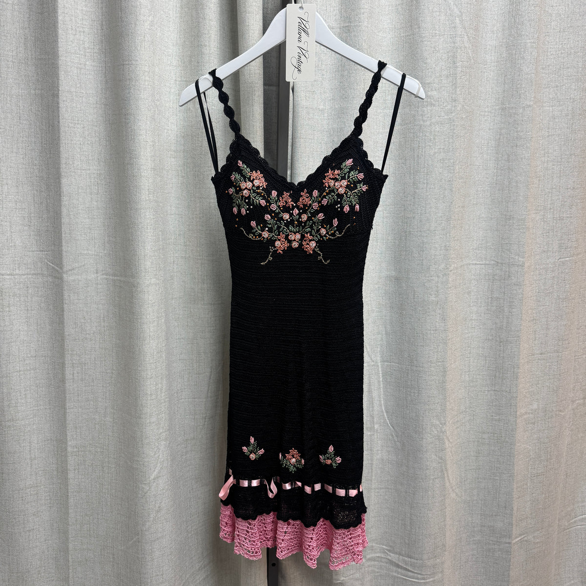 Black and Pink Floral Crochet Knee-Length Dress