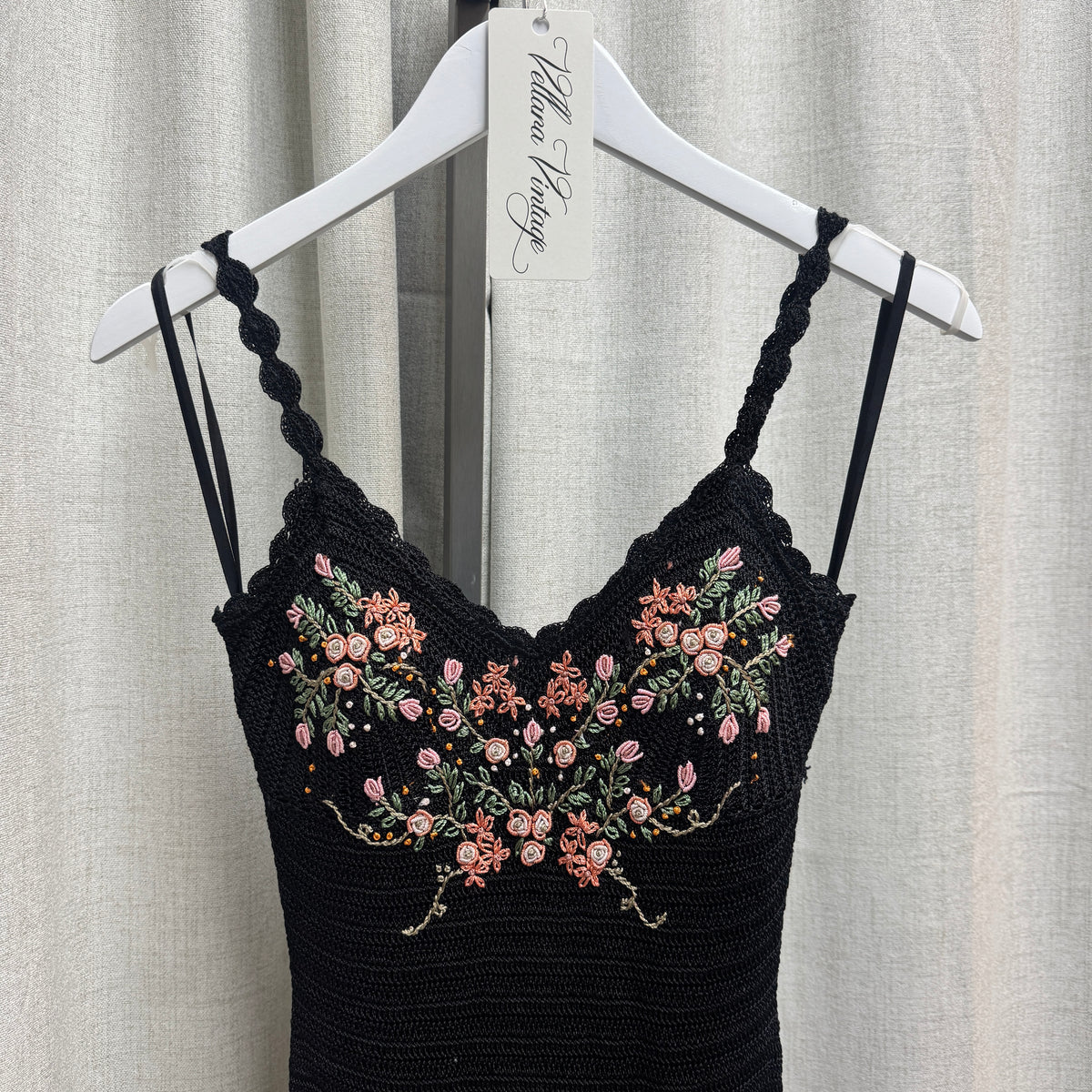 Black and Pink Floral Crochet Knee-Length Dress