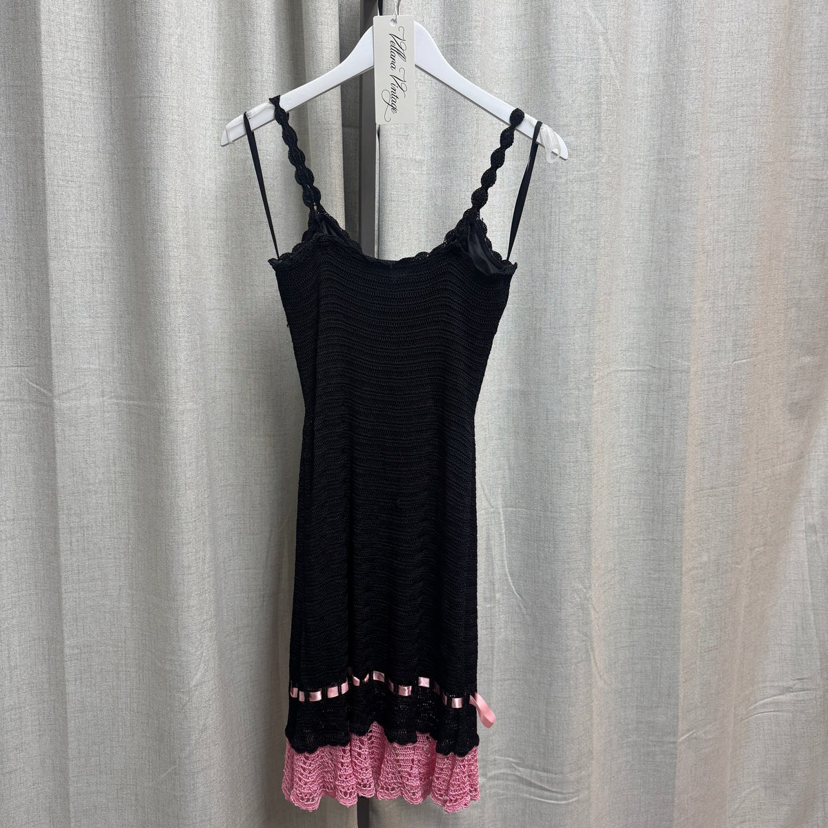 Black and Pink Floral Crochet Knee-Length Dress