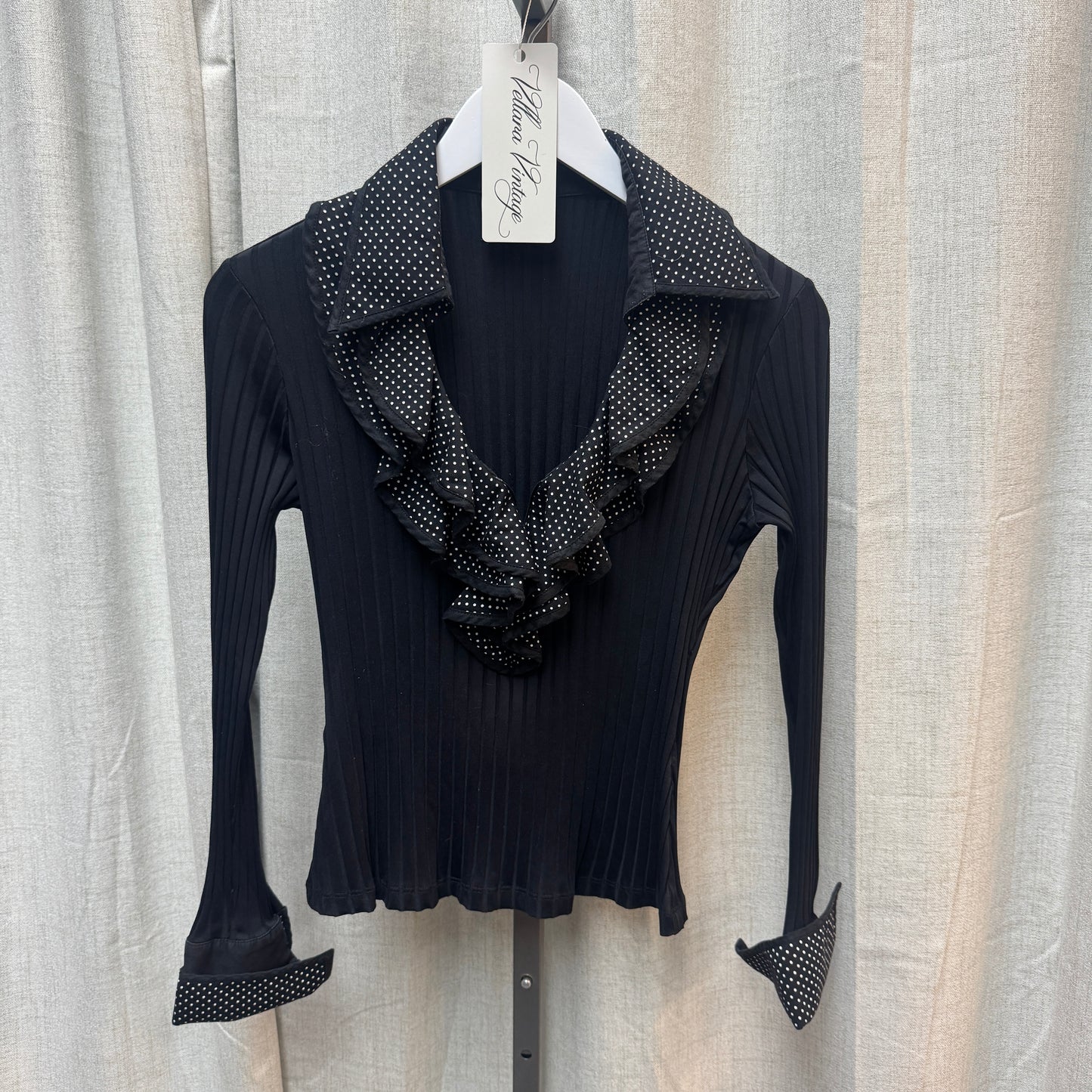 Black Polka Dot Ruffle V-Neck Long Sleeve