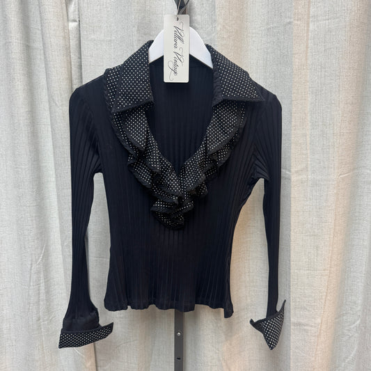 Black Polka Dot Ruffle V-Neck Long Sleeve