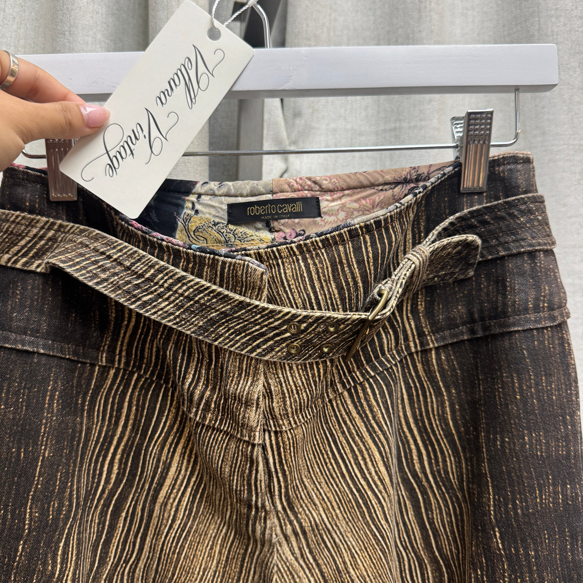 Roberto Cavalli Brown Striped Belted Bootcut Pants