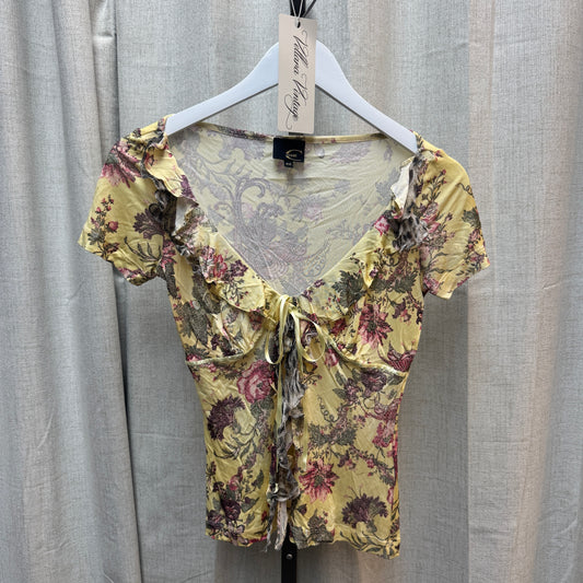 Just Cavalli Yellow Floral V-Neck Short Sleeve Top