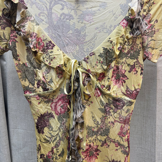 Just Cavalli Yellow Floral V-Neck Short Sleeve Top