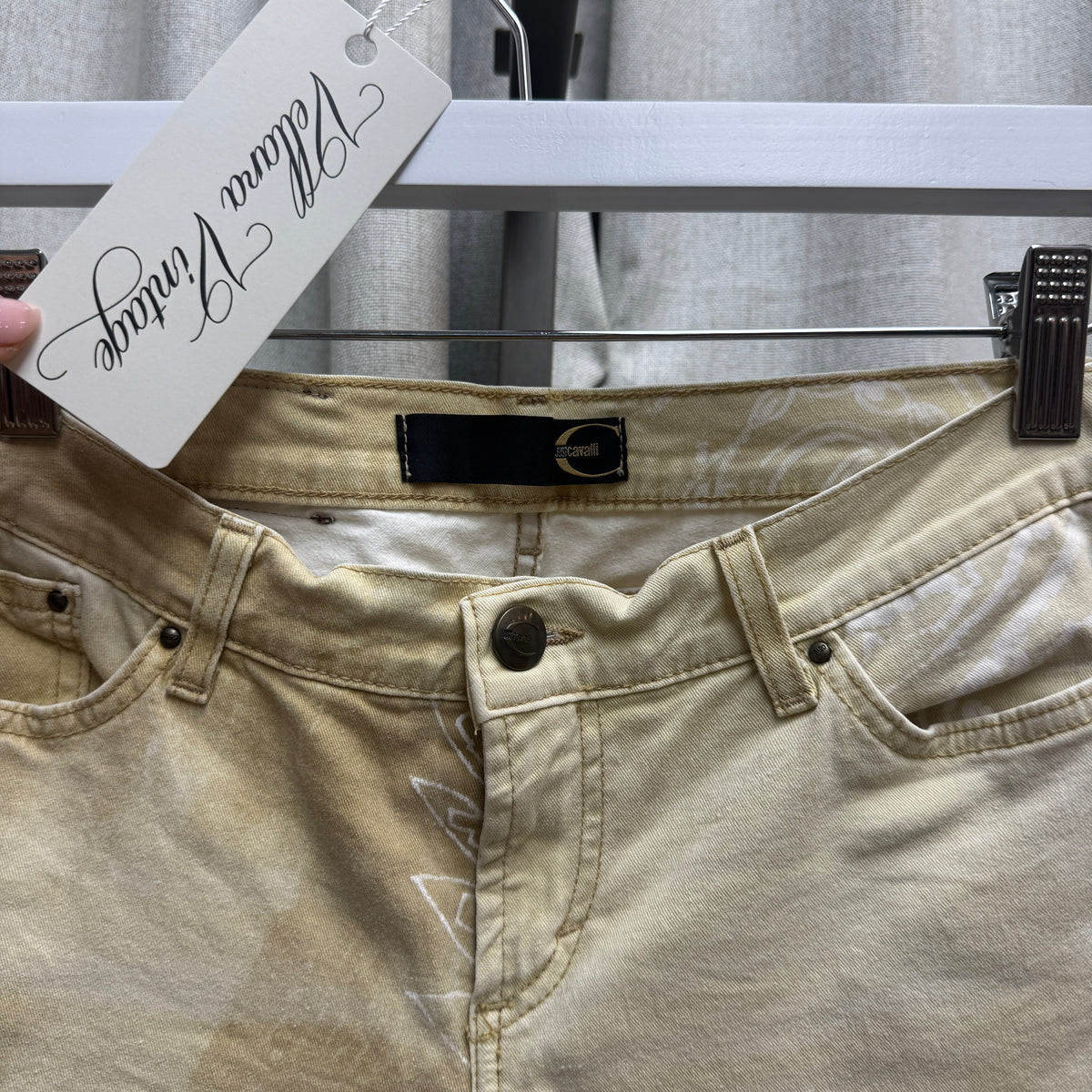 Roberto Cavalli F/W 2003 Beige & White Zodiac Print Flare Pants