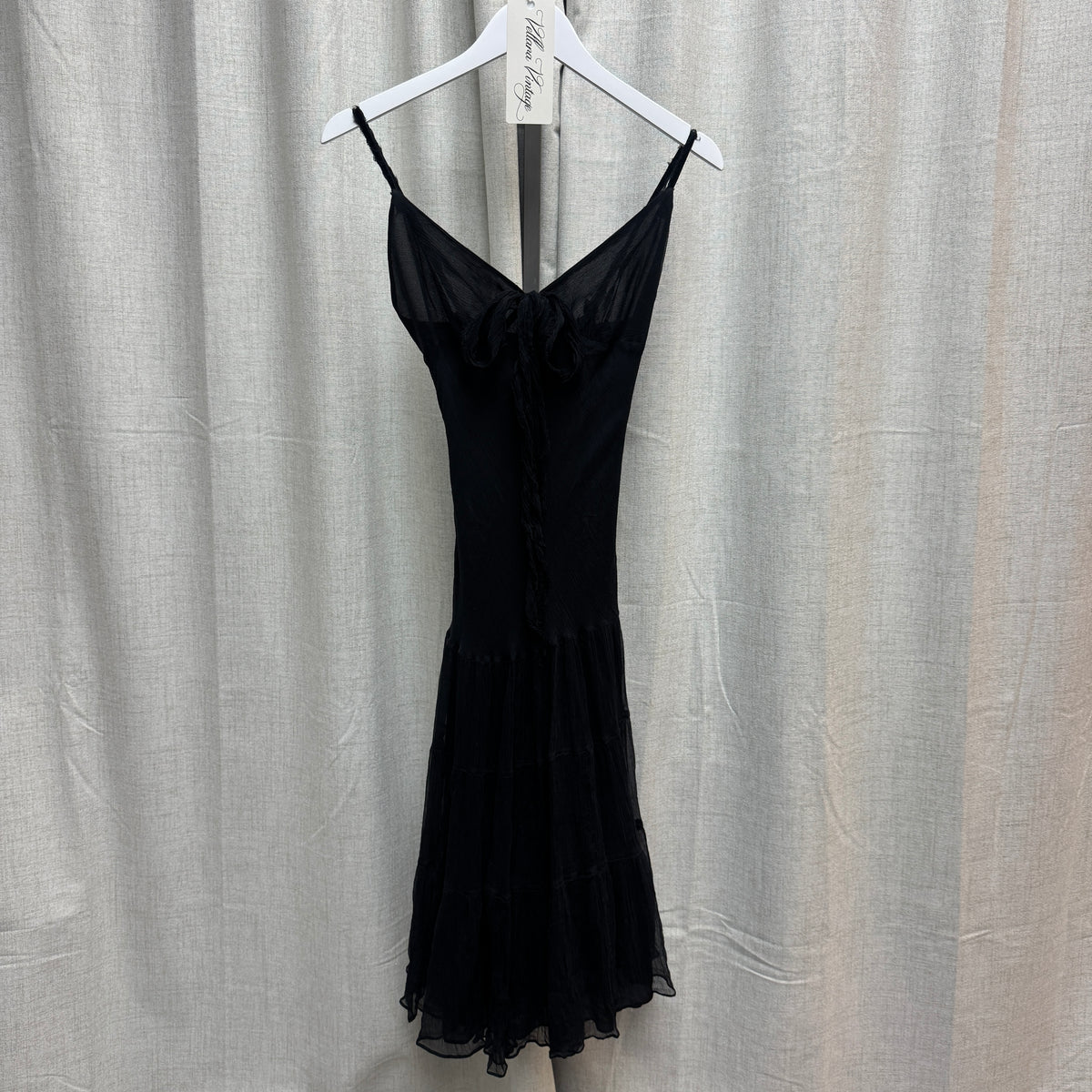 Black Silk V-Neck Bow Midi Dress