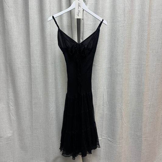 Black Silk V-Neck Bow Midi Dress