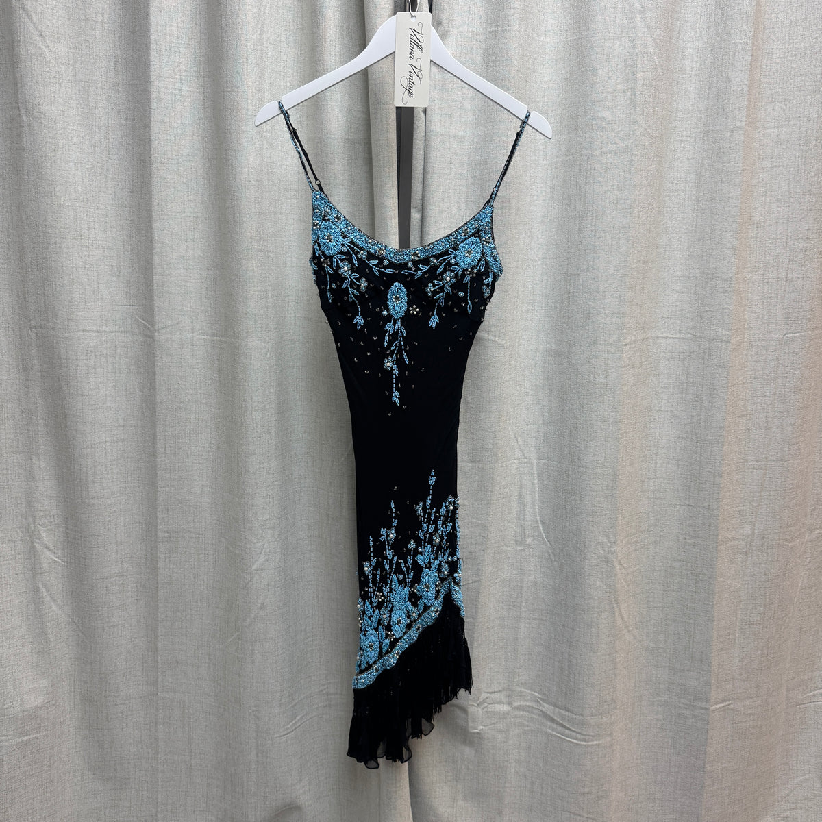 Blue and Black Silk Floral Beaded Asymmetrical Tassel Knee-Length Dress